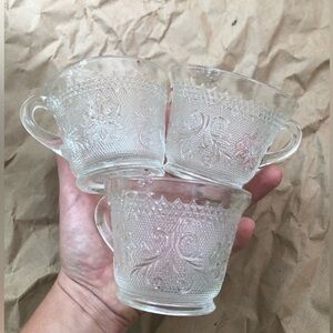 3 vintage punch glasses cups floral flower detail clear crystal
